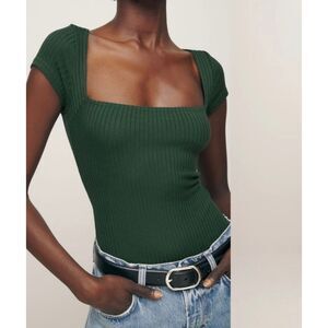 Reformation Forest Green Ribbed Square-Neck Cap Sleeve Top